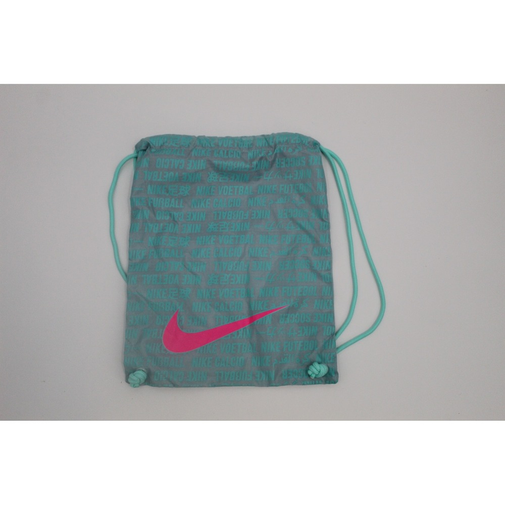 Nike Soccer Drawstring Cinch Bag Teal Grey Pink Swoosh Multilingual Print Kids